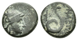 MYSIA.Pergamon.Attalos II.(160-139 BC).Ae.

Obv : Head of Athena in Attic helmet right.

Rev : ΦIΛETAIΡOΥ.
Serpent coiled right; monogram in left fiel...