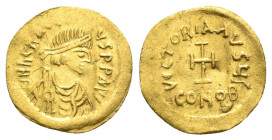 HERACLIUS ( 610-641). Constantinople.Tremissis.

Obv : d N hRACLIYS(sic!) P AVG.
Diademed, draped and cuirassed bust right.

Rev : VICTORIA AVGY I / C...