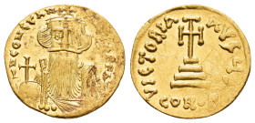 CONSTANS II.(641-668).Constantinople.Solidus.

Obv : δ N CONSTANTINUS P P AV.
Crowned and draped facing bust, holding globus cruciger.

Rev : VICTORIA...