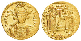 CONSTANTINE IV POGONATUS with HERACLIUS and TIBERIUS.(668-685).Constantinople.Solidus.

Obv : δ N CONTNЧS P.
Helmeted and cuirassed bust facing slight...