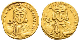 LEO III THE "ISAURIAN" with CONSTANTINE V (717-741).Constantinople.Solidus.

Obv : δ N D LЄON P A MЧL.
Crowned and draped facing bust of Leo, holding ...