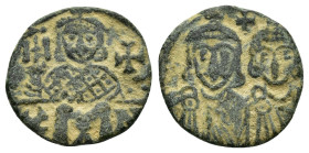 CONSTANTINE V with LEO IV.(751-775).Constantinople.Follis.

Obv : facing busts of Constantine, with short beard, on left, and Leo, beardless, on right...