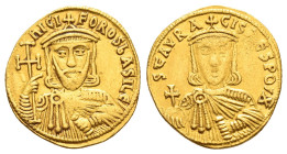 NICEPHORUS I with STAURACIUS (802-811 BC). Constantinople.Solidus.

Obv : ҺICIFOROS ЬASILЄ.
Crowned facing bust of Nicephorus, holding cross potent an...
