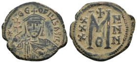 THEOPHILUS.(829-842).Constantinople.Follis.

Obv : ✷ • ΘЄO-FIL' ЬASIL.
Crowned and draped bust facing, holding patriarchal cross and akakia.

Rev : La...