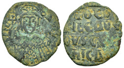 THEOPHILUS.(829-842).Constantinople.Follis.

Obv : ΘЄOFIL ЬASIL.
Facing bust, holding labarum and globus cruciger, and wearing crown surmounted by tuf...