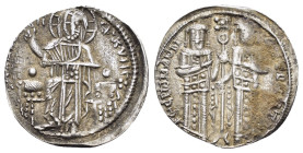 ANDRONICUS II with MICHAEL IX.(1282-1328).Constantinople.Basilikon.

Obv : BOHQЄI KVPIЄ.
Christ, nimbate, enthroned and holding Gospels; small dot by ...