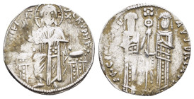 ANDRONICUS II with MICHAEL IX. (1282-1328).Constantinople.Basilikon

Obv : BOHQЄI KVPIЄ.
Christ, nimbate, enthroned and holding Gospels; small dot by ...