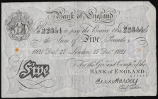 Five Pounds Harvey white B209a dated 27th December 1921 series C/48 22351, Pick312a, VF two rust spots faint bankers stamp front left