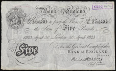 Five Pounds Harvey white B209a dated 30 April 1923 London series 195/D 15480, Fine bankers stamp top right front and a red penned annotation reverse