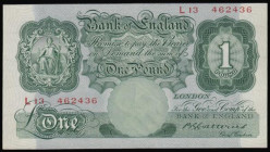 One Pound Catterns B225 Green Britannia medallion issue 1930 serial number L13 462436, a pleasing and eye-catching GEF - about UNC with only 1 faint c...