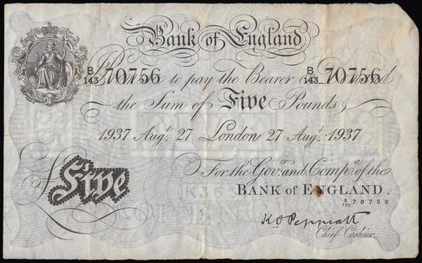 Five Pounds Peppiatt white B241 dated 27 Aug 1937 serial B/143 70756, London, Fi...