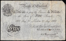Five Pounds Peppiatt white B241 dated 27 Aug 1937 serial B/143 70756, London, Fine but with a rust hole through N of ENGLAND