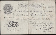 Five Pounds Peppiatt white B255 thick paper dated 23rd November 1945 prefix K85, Fine bankers stamp and a signature reverse