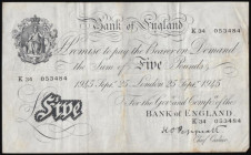Five Pounds Peppiatt white B255 thick paper dated 25th September 1945 K34 053484, VF some brown stains