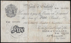 Five Pounds Peppiatt white B255 thick paper dated 5th November 1945 prefix K69, Fine but dirty