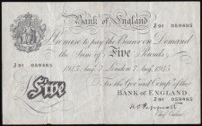 Five Pounds Peppiatt white B255 thick paper dated 7th Aug 1945 J91 059485, VF small nick bottom edge