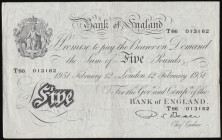 Five Pounds Beale white B270 dated 12th Feb.1951 prefix T86, VF one bankers stamp reverse