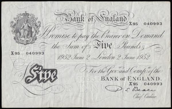 Five Pounds Beale white B270 dated 2 June 1952 serial X95 040993, VF