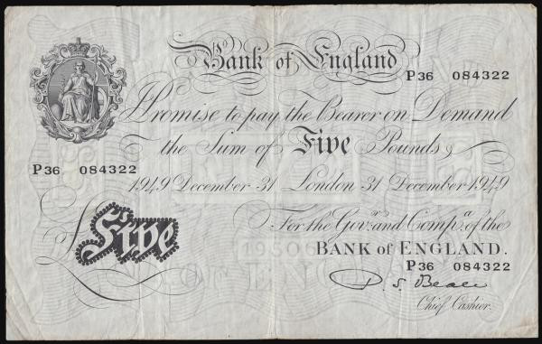 Five Pounds Beale white B270 dated 31 December 1949 series P36 084322, Fine