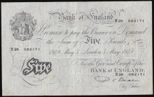 Five Pounds Beale white B270 dated 5 May 1949 series N28 082171, aVF inked numbers front and back