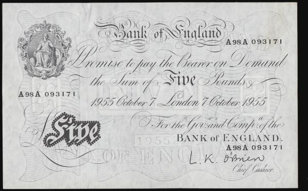 Five Pounds O'Brien white B276 dated 7th October 1955 serial A98A 093171 about U...