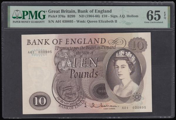 Ten Pounds Hollom B299 issued 1964 first run A01 030895, Gem Uncirculated PMG 65...