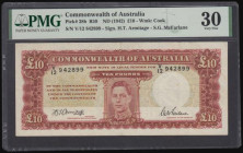 Australia Ten Pounds George VI at left (1942) Armitage and McFarlane Pick 28b Very Fine PMG 30