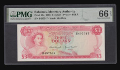 Bahamas 3 Dollars 1968 Pick 28a PMG 66 EPQ Gem Uncirculated