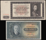 Bohemia and Moravia 500 Kronen 1942 Prague SPECIMEN Pick 11s EF, and Czechoslovakia 100 Korun (1945) Pick 63a AU