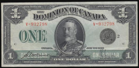 Canada Dominion 1 Dollar dated 2nd July 1923 series V-932798, portrait King George V at centre black seal McCavour and Saunders, (Pick33f) pleasant an...