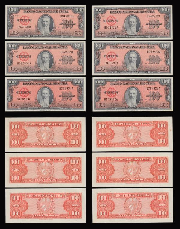 Cuba 100 Pesos 1959 Pick 93 (9) aU - Unc some consecutive along with 20 Centavos...