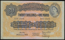East Africa 20 Shillings dated 1st January 1955 series G79 19436, QE2 portrait, Pick 35a, a pleasing high grade example EF or better