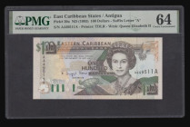 East Caribbean States Antigua Suffix Letter A 100 Dollars ND(1993) Printer TDLR Wmk QE II series A449511A PMG 64 Choice Uncirculated desirable thus
