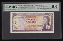 East Caribbean States Montserrat 20 Dollars ND (1965) Overprint M in circle watermark QE II with Young QE II at right series A26 849188 Choice Uncircu...