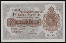 Falkland Islands 50 pence dated 20th February 1974 series D24824, QE2 portrait at right, Pick10a, UNC