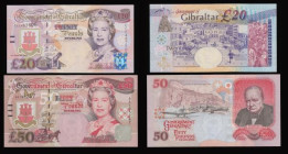 Gibraltar in high grades (5) Pound 4.8.1988, 5 Pounds 2000 Pick 29, 20 Pounds 1.7.1995, 20 Pounds 4.8.2004, 50 Pounds 1.12.2006 all Unc