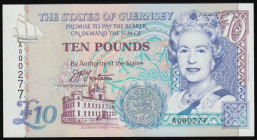 Guernsey 10 Pounds Pick 57a (BY GU54a) ND 1995 signature D. P. Trestain a FIRST prefix and LOW collectible serial number A 000277, fresh and crisp UNC