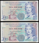 Guernsey 10 Pounds Pick 57a (BY GU54a) ND 1995 signature Trestain (2) a consecutively numbered pair serial number B 876033 & B 876034, both about UNC ...
