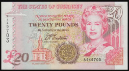 Guernsey 20 Pounds Pick 58a (BY GU63a) ND 1996 Thomas De La Rue Print signature Trestain serial number A449703, Unc.