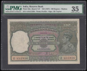 India 100 rupees issued 1937 series A/6 611938, KGVI portrait at right, scarcer MADRAS branch issue, Pick20n, usual 2 staple holes Choice Very Fine an...