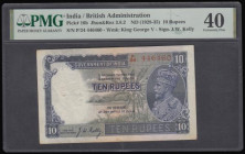 India Government 10 Rupees Pick 16b ND 1935 issue red serial number P/24 446460 and signature J.W. Kelly. The note in dark blue on olive and light ora...