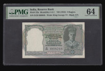 India Reserve Bank 5 Rupees Pick 23a (Razack-Jhunjhunwalla 4.4.1) ND 1943 signature Deshmukh black serial number variety D/29 668048, NGC 64 Choice Un...