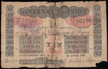 India Ten Rupees (1872-1927 issue) Red underprint with 8 language panels, signature H.F.Howard, two halves joined together FB84 52830 and RB13 05198 P...
