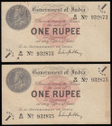 India, Government of India One Rupee George V 1917 signed Gubbay (2) a near consecutive pair B/54 932873 and 932875 VF-EF the 873 with one pinhole and...