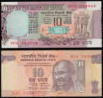 India, Reserve Bank of India 10 Rupees ERRORS (2) both printed off centre so the beginning of a second note is visible, the first with Asoka column at...