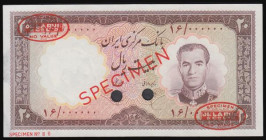 Iran 20 Rials SH1330 (1951) Pick 55 SPECIMEN by De La Rue with red circular De La Rue stamps in the corners and SPECIMEN across the centre both sides,...