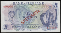 Ireland (Northern) Bank of Ireland Second issue 5 Pounds SPECIMEN Pick 62bs (PMI BA111; as BY NI.213b) ND 1971-77 signature O'Neill title Manager, red...