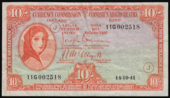 Ireland Currency Commission Lady Lavery 10 Shillings dated 14.10.41, war code letter J in circle, series 11G 002518, Pick1C, (Brennan and McElligot), ...