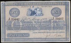 Ireland, PROVINCIAL BANK OF IRELAND LTD One Pound 1st May 1909 "on demand at Dublin" series J 39442 signed John Kidd uniface blue on tan probably EF f...
