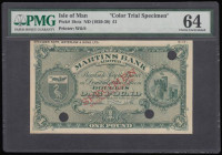 Isle of Man Martins Bank One Pound dated as Pick18 (1928-38)a colour trial specimen, green on white SPECIMEN in red across both sides SPECIMEN NOTE, W...